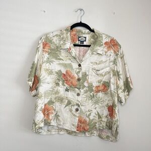 Tommy Bahama Silk Hawaiian Floarl Palm Button Cropped Top Women's Sz M